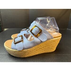 Skechers Blue Double Strap Espadrille Buckle Wedge Luxe Foam Sandals Sz 9